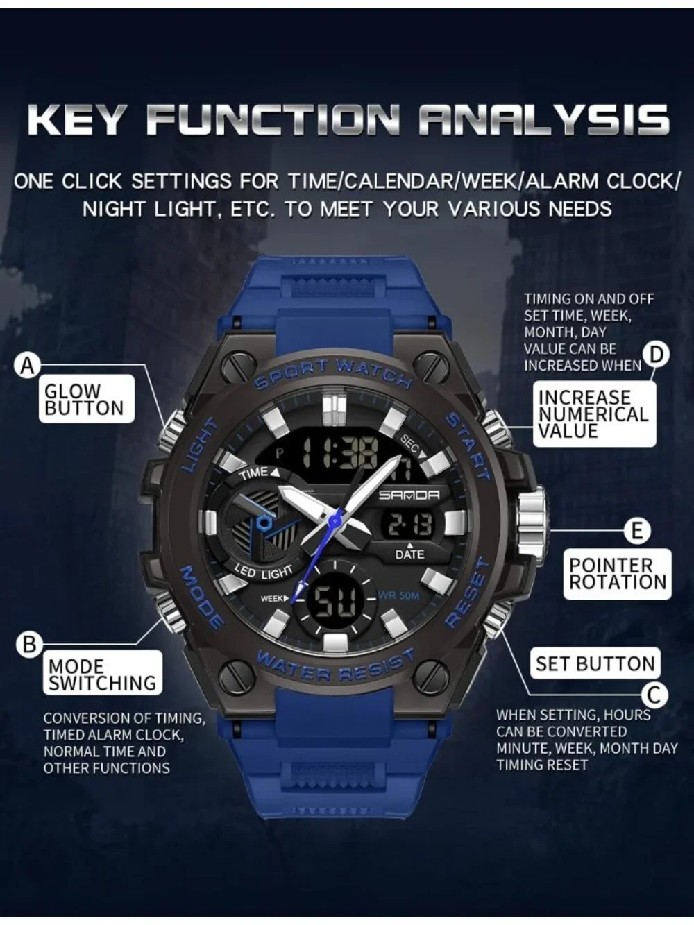 Men's Blue Analog Quartz Sports Waterproof Military Tactical LED Digital Watch